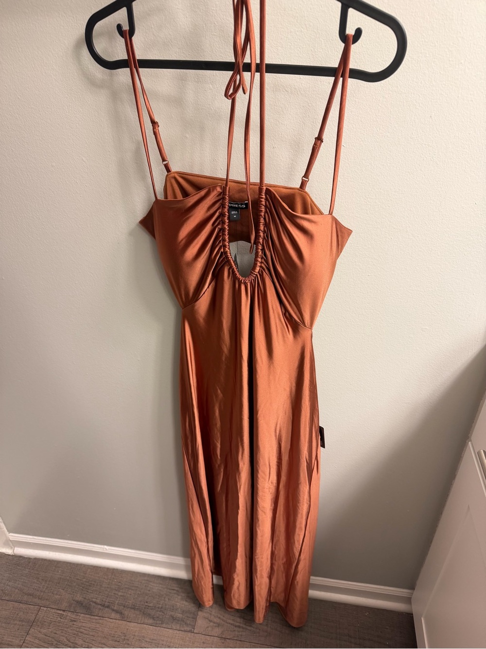 Express Rust Spaghetti-Strap Midi Dress with Keyhole Ruched Front